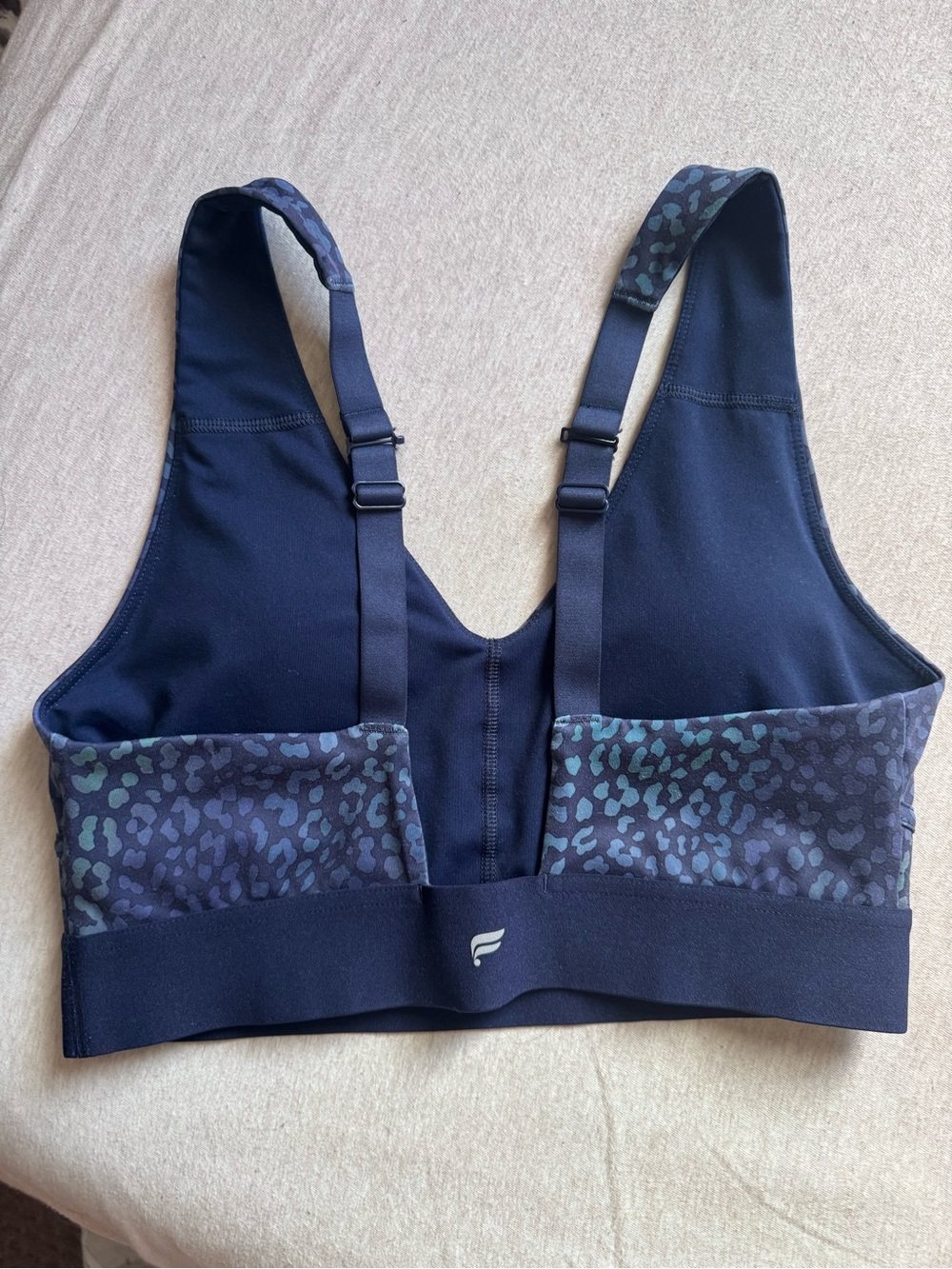 Fabletics Navy and Teal Leopard-Print Support Sports Bra